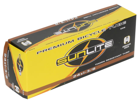 24x1-3/8 Heavy Duty Thorn Resistant Bicycle Inner Tube with Straight Schrader Valve in a yellow and black box labeled Sunlite.