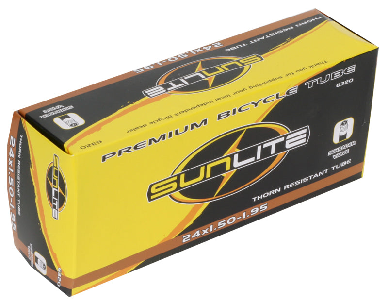 24x1.50-1.95 Heavy Duty Thorn Resistant Bicycle Inner Tube with Straight Schrader Valve in yellow and black Sunlite packaging.