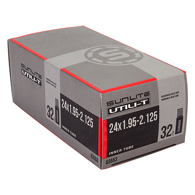 24x1.95-2.125 Bicycle Inner Tube with Schrader Valve in branded box featuring prominent logo and red stripe, emphasizing packaging for easy identification and affordable pricing.