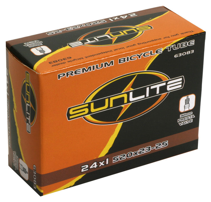 Box containing a Sunlite 24x1 Bicycle Inner Tube with 32mm Presta Valve, prominently displaying the product logo and packaging details.