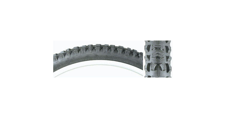 Close-up of a 24x2.1 Black Smoke MTB Bicycle Tire from Sunlite, showing detailed tread patterns, designed as a replacement for mountain bike tires.