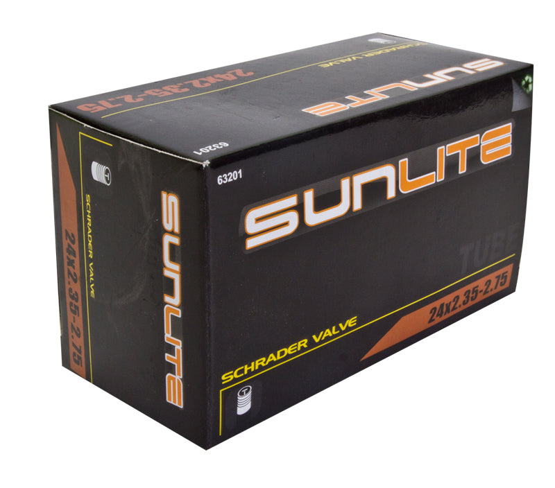 24x2.35-2.75 Bicycle Inner Tube with Straight Valve from Sunlite, packaged in a black box with orange and white text, displayed prominently.