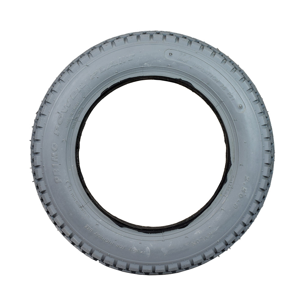 2.50-8 Foam-Filled Mobility Tire with C177G Power Plant Knobby Tread featuring a solid, flat-free design and black rim. Ideal for mobility scooters and power chairs, replacing original or pneumatic tires easily.