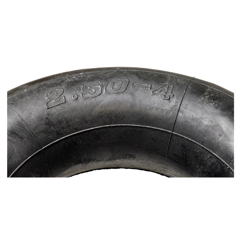 Close-up of the 2.80/2.50-4 Scooter Inner Tube, showcasing intricate tread details and a bent valve stem, designed for use with mobility scooters, recreational electric scooters, and utility carts.