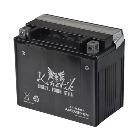 Honda Elite 250 Series YTX12-BS Replacement Scooter Battery (Premium) with silver metal handles, showcasing 180 Cold Cranking Amps (CCA) for high performance.