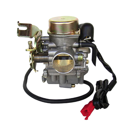 Close-up of a 250cc Carburetor for 250cc GY6 Scooters with attached wire, showcasing detailed metal components and intricate engineering, ideal for high-performance scooter modifications or replacements.