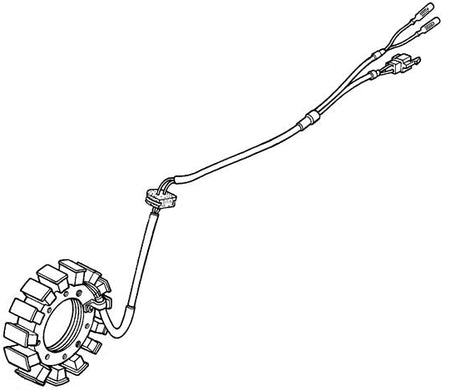 250cc Stator for Honda Helix CN250 (1986-2001 Models) (OEM) depicted in a detailed black and white sketch, featuring a gear with wires, matching original part specifications.