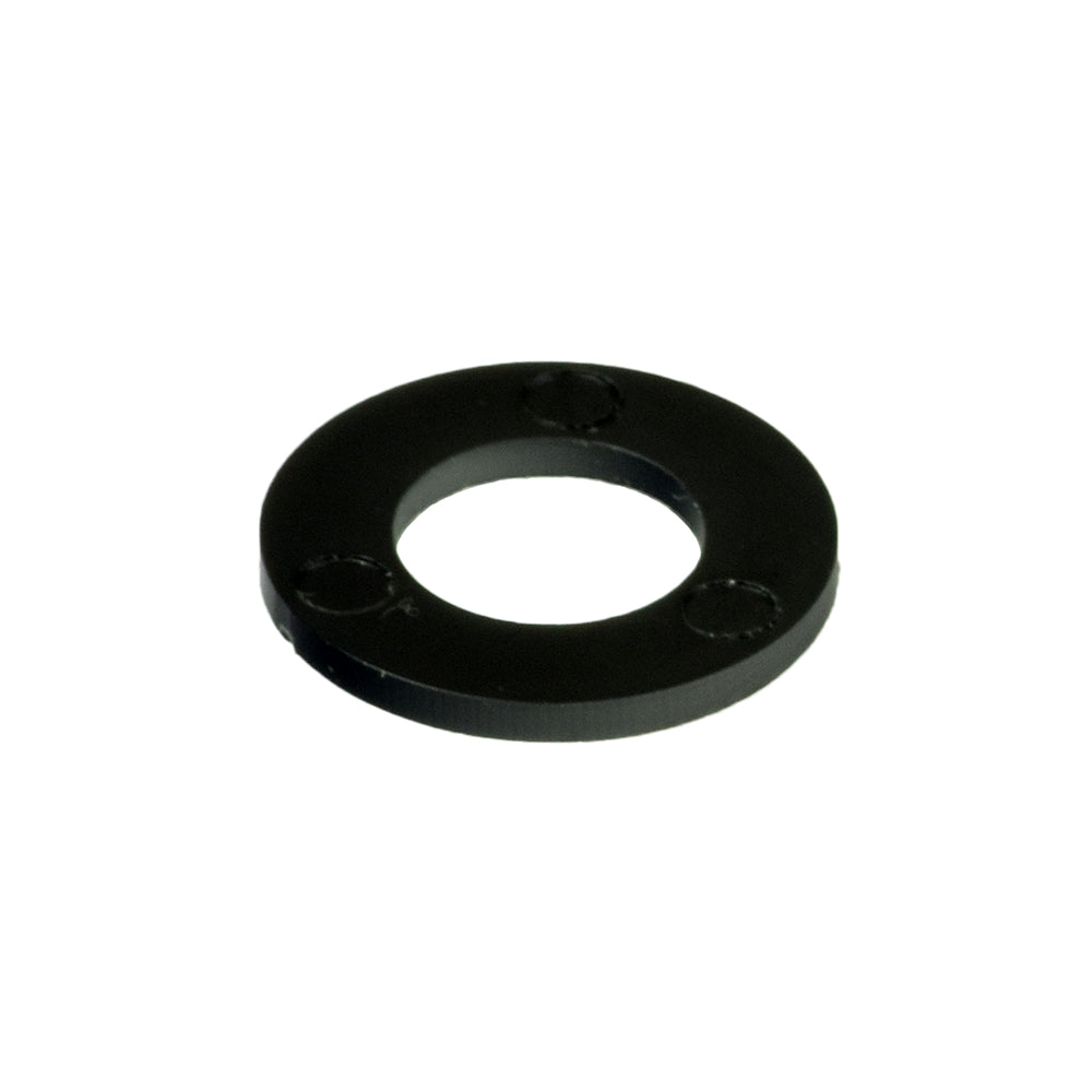 3/8x3/4x1/16 Black Nylon Flat Washer (1049527) with multiple holes, used in Invacare footrest assemblies for Pronto, TDX power chairs, and Tracer manual wheelchairs.