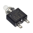 25 Amp (25A) 32VDC 125/250VAC Push-Button Reset Circuit Breaker with 1/4 Tab Terminals, featuring a black body, silver metal cap, and clear plastic boot for dust and moisture protection.