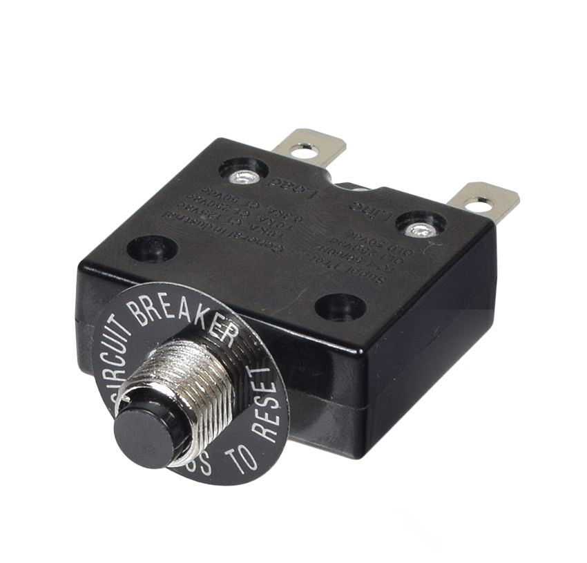 50 Amp Circuit Breaker for the ActiveCare Prowler, Catalina, Medalist, and Renegade, featuring a round push-button reset and straight tab terminals drilled for screws.