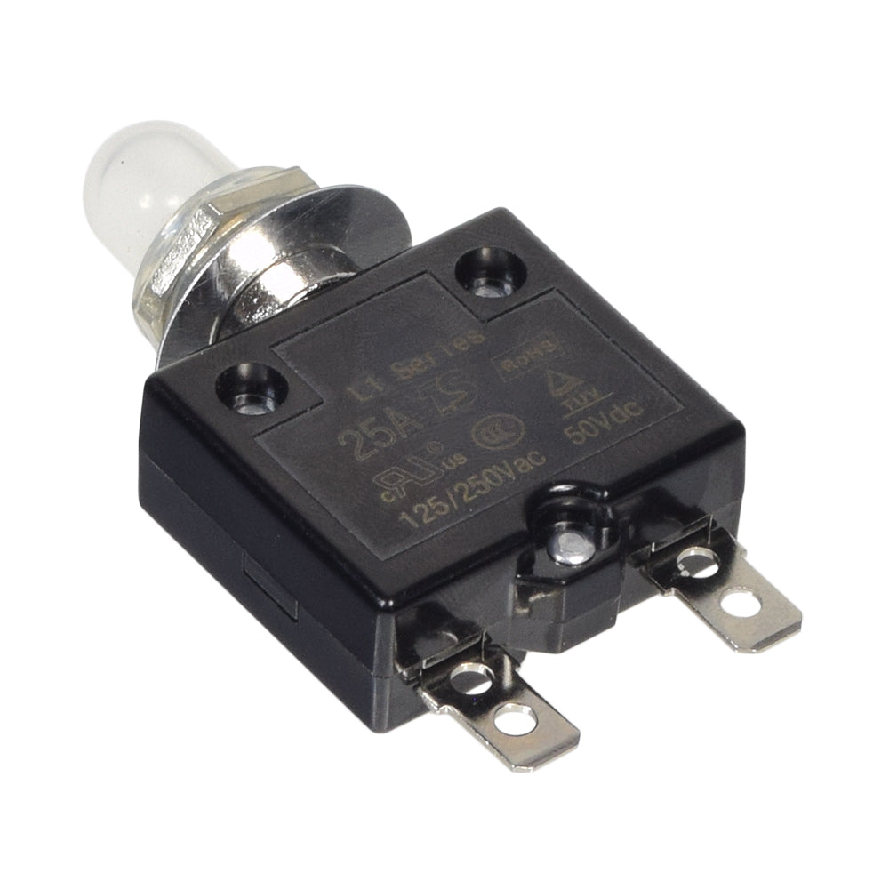 25 Amp (25A) 50VDC 125/250VAC Push-Button Reset Circuit Breaker with metal threaded collar and clear plastic boot cover, featuring a dual D-style chamfered shaft for easy installation.