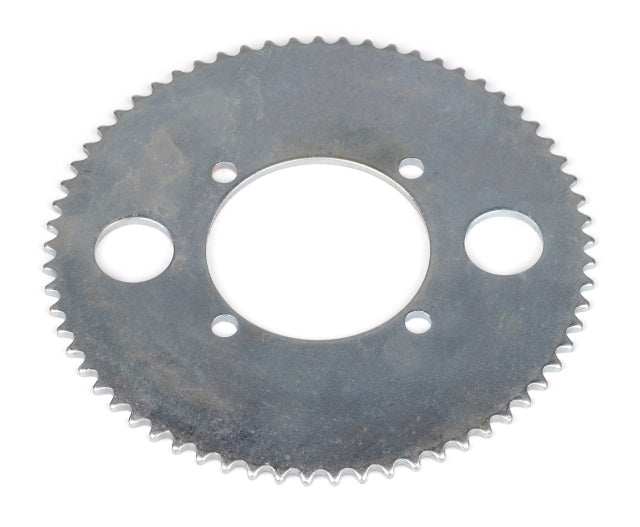 Close-up of the #25 Chain Sprocket with 65 Teeth & 2-9/16 Mounting Hole Circle (x4 Holes) for electric scooters, pocket bikes, and skateboards, highlighting its intricate metal gear design.