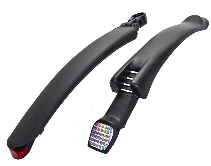 26/700C All Terrain Shield Fenders featuring black handlebars with a multicolored reflector, ideal for various scooters and bikes, enhancing both functionality and style.