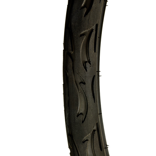 Close-up of a 26 x 2.125 Mongoose Bicycle Tire, showcasing its unique tread pattern, suitable for Mongoose CR36V450 and CR24V450 electric bikes, made by Kenda.