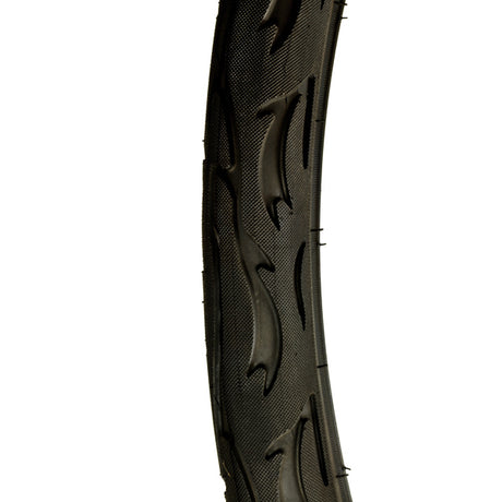 Close-up of a 26 x 2.125 Mongoose Bicycle Tire, showcasing its unique tread pattern, suitable for Mongoose CR36V450 and CR24V450 electric bikes, made by Kenda.