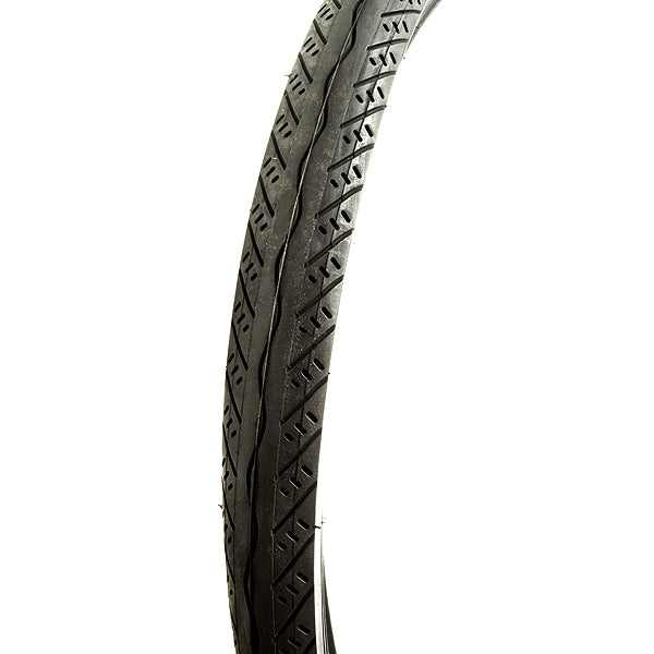 Close-up of a 26 x 2 bicycle tire with IA-2018 Swiftor tread, designed for eZip, IZIP, & Schwinn bicycles, showcasing detailed tread pattern and durable rubber.