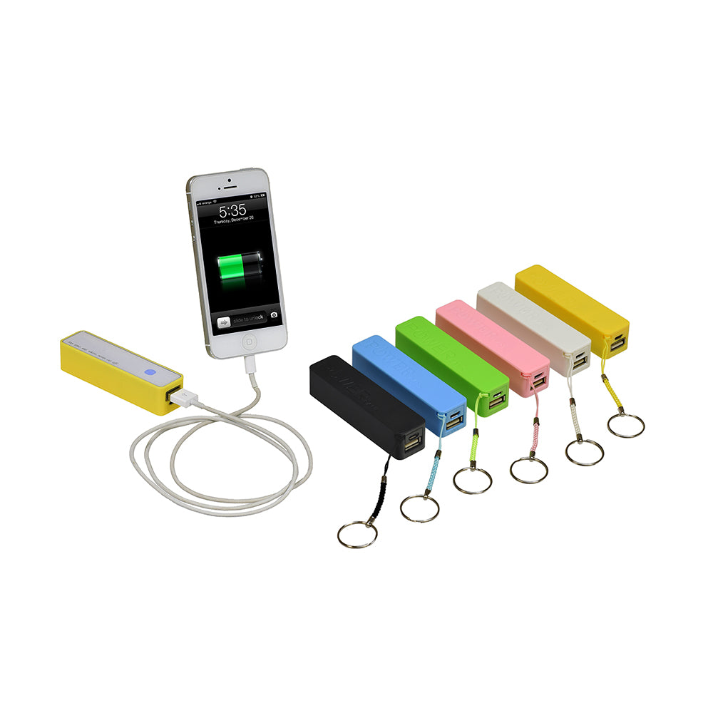 2600mAh Portable USB External Power Bank Battery Charger for Smartphones, shown charging a phone with a cord, featuring a micro-USB port and standard USB port for various electronic devices.