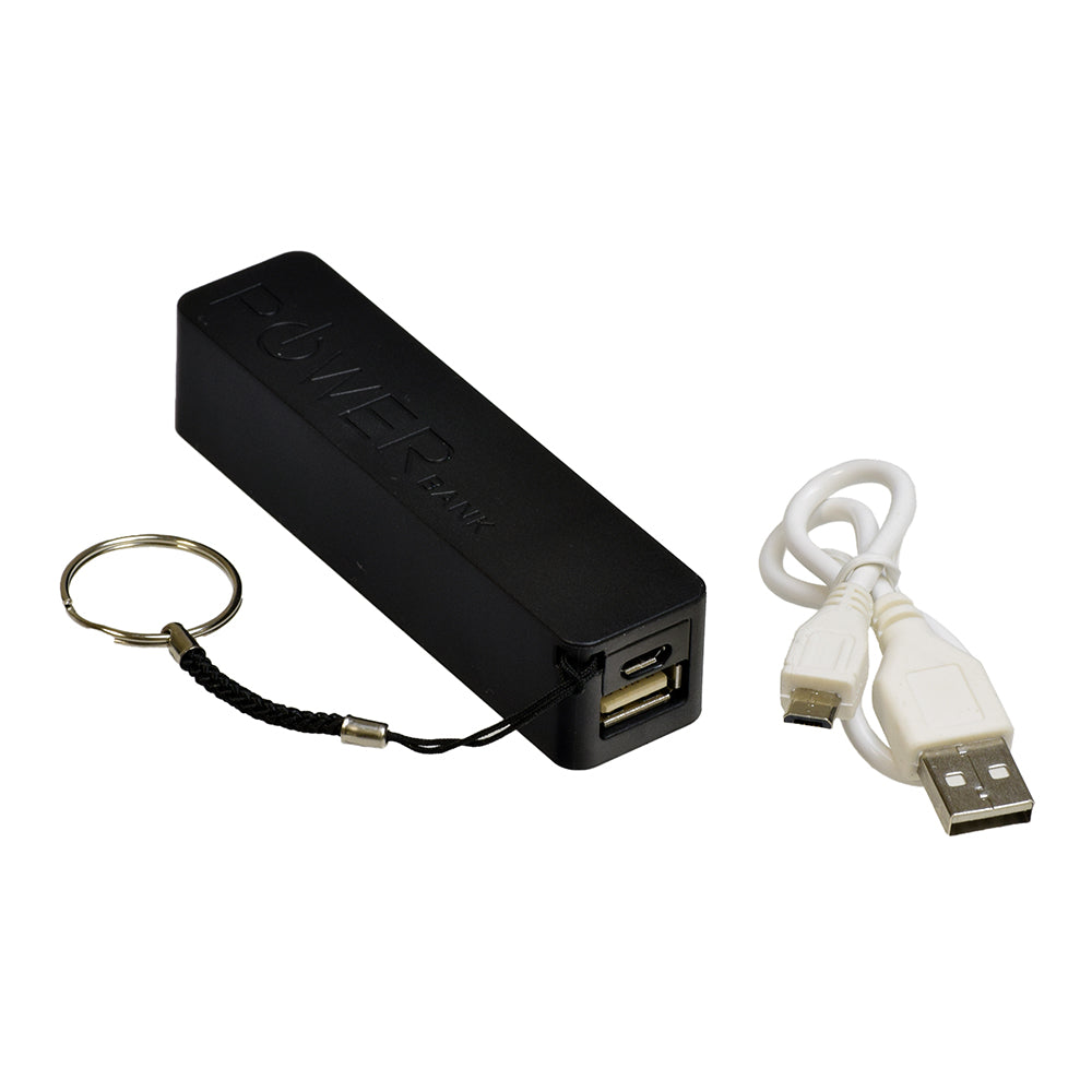 2600mAh Portable USB External Power Bank Battery Charger for Smartphones, featuring a black unit with an attached cord and visible USB ports.