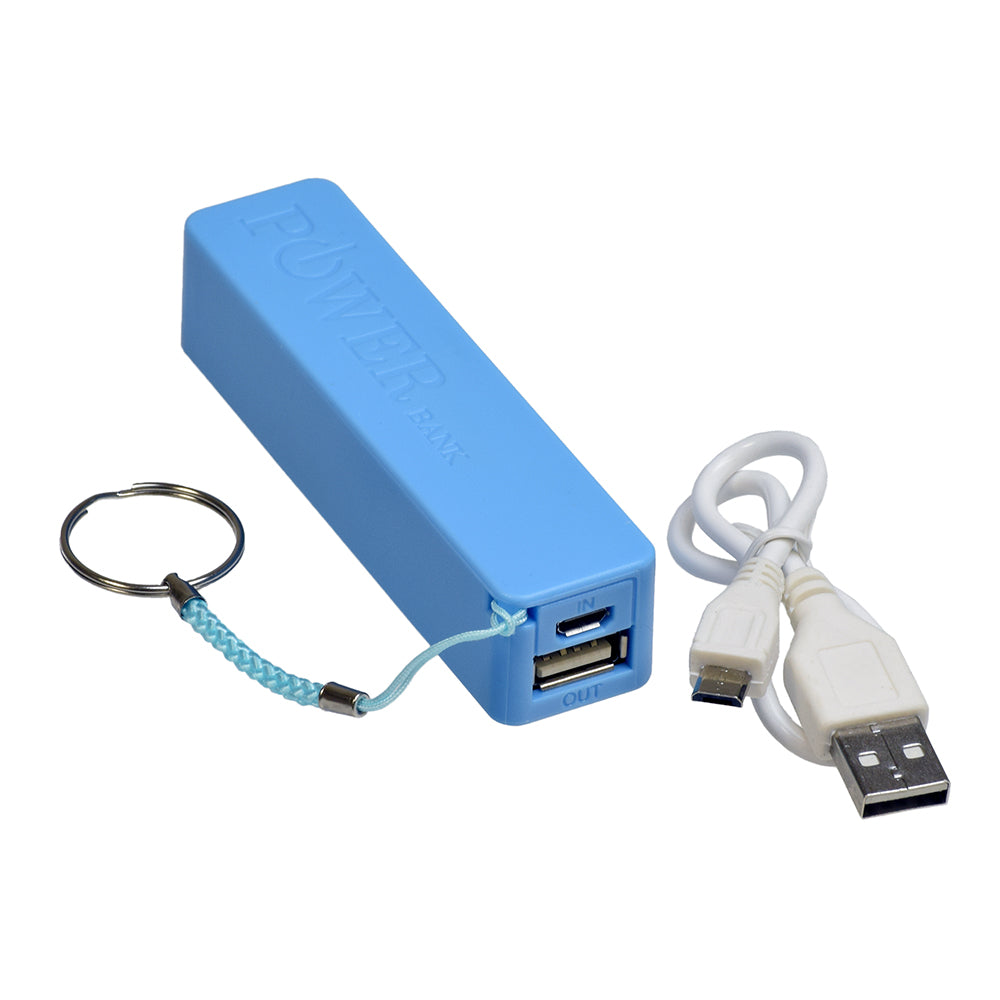 2600mAh Portable USB External Power Bank Battery Charger for Smartphones, featuring a cord, keychain, and visible USB ports for micro-USB and standard USB connections.