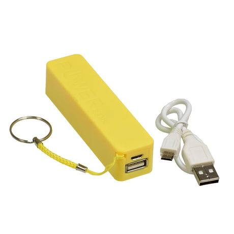 2600mAh Portable USB External Power Bank Battery Charger for Smartphones, featuring a yellow body, includes a white USB cable and keychain attachment, perfect for keeping devices charged on-the-go.