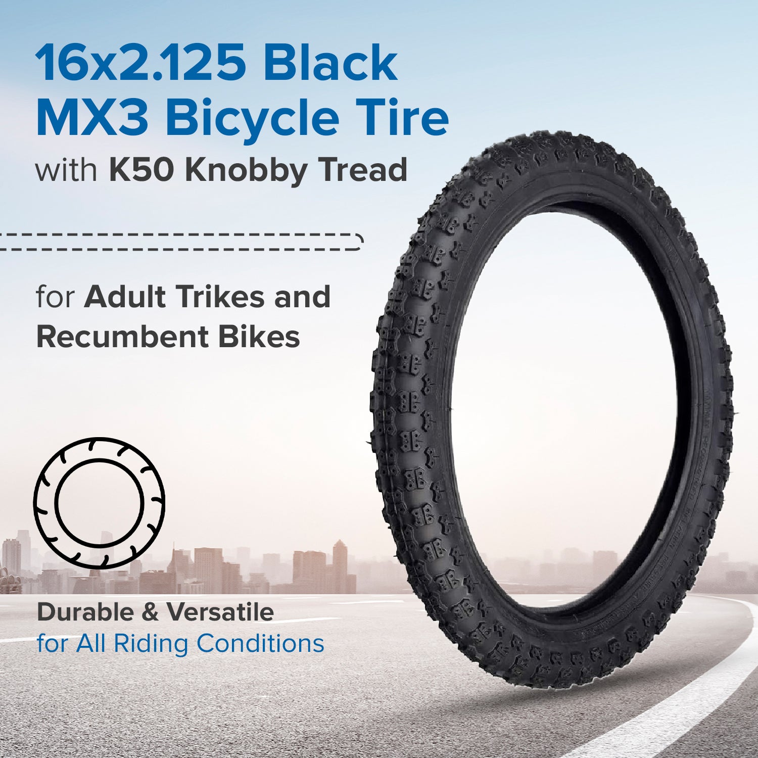 16x2.125 Black MX3 Bicycle Tire with K50 Tread