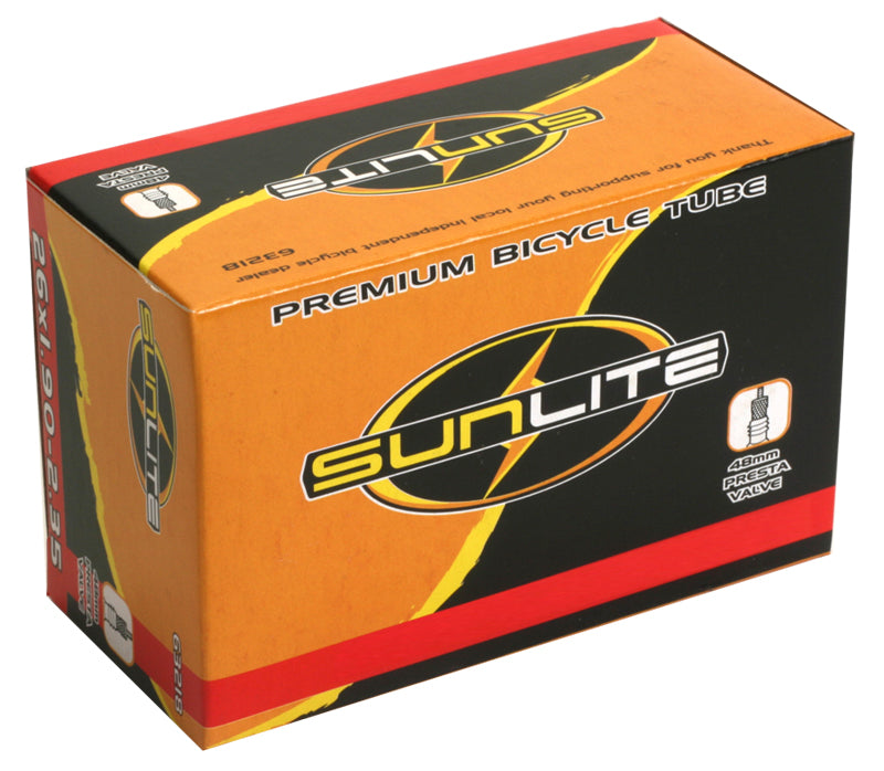 26x1.00-1.25 Bicycle Inner Tube with Presta Valve from Sunlite, packaged in a box with text and logo. Ideal for replacing old bike inner tubes.