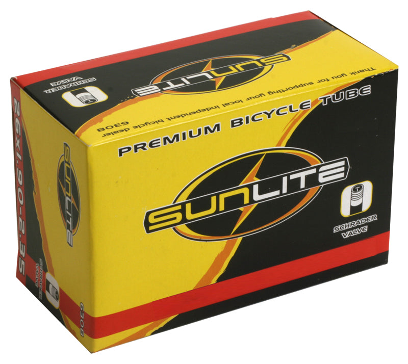 26x1.00-1.25 Bicycle Inner Tube with Straight Valve in a box featuring a black and yellow logo.