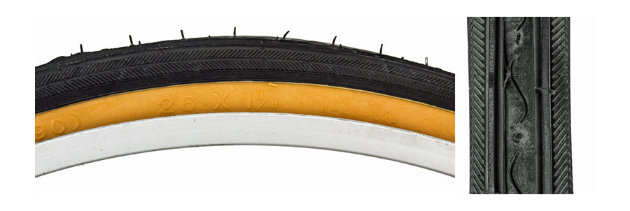 Close-up of the 26x1-3/8 Black/Gum Road Raised Center Bicycle Tire with K40 Tread, showcasing its low rolling resistance raised center and distinctive natural colored band.