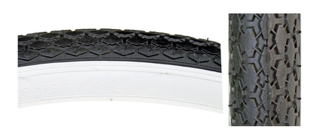 Close-up of the 26x1-3/4 Black Road Raised Center Bicycle Tire from Sunlite, showcasing detailed tread pattern designed for improved road traction.