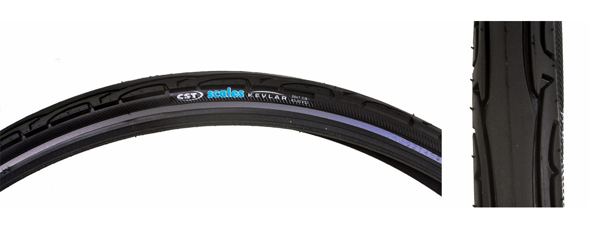 Close-up of the 26x1-3/8 Black Scales CST1515 Bicycle Tire from Sunlite, highlighting the tire's tread pattern and texture, showcasing its quality as a popular replacement bike part.