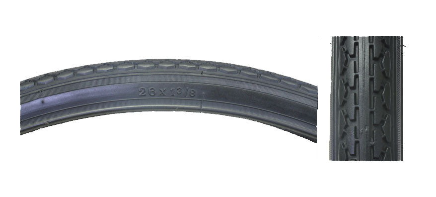 26x1-3/8 Black Street V11 Bicycle Tire close-up, showing detailed tread pattern, perfect for replacing old bike tires. Popular Sunlite product known for its durability and compatibility with various rim sizes.