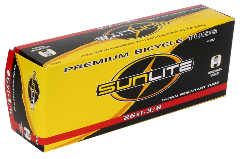 26x1-3/8 Heavy Duty Thorn Resistant Bicycle Inner Tube with 32mm Straight Schrader Valve from Sunlite, packaged in a yellow and black box with red and black text and a logo.