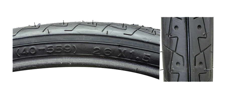 Close-up of a 26x1.5 Black City Slick Bicycle Tire with K154 Tread, showcasing detailed tread pattern and numbers, ideal for smooth rides on concrete and asphalt.