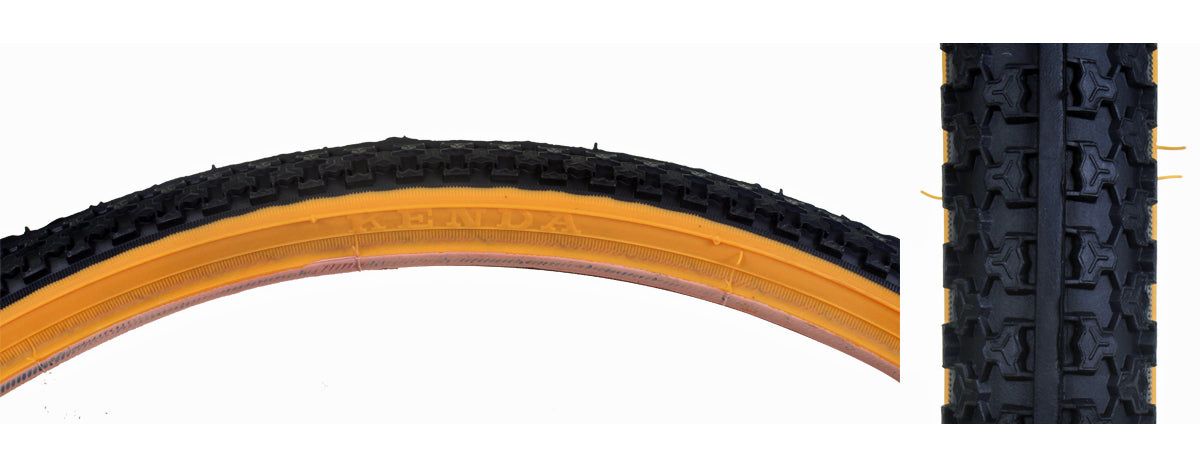 Close-up of the 26x1.5 Black/Gum MTB Raised Center Bicycle Tire from Sunlite, highlighting its detailed tread pattern and robust design. Ideal for mountain biking and replacement needs.