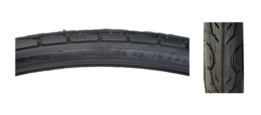 Close-up of a 26x1.5 Black Kwest Bicycle Tire from Sunlite, showing detailed tread pattern and sidewall text.