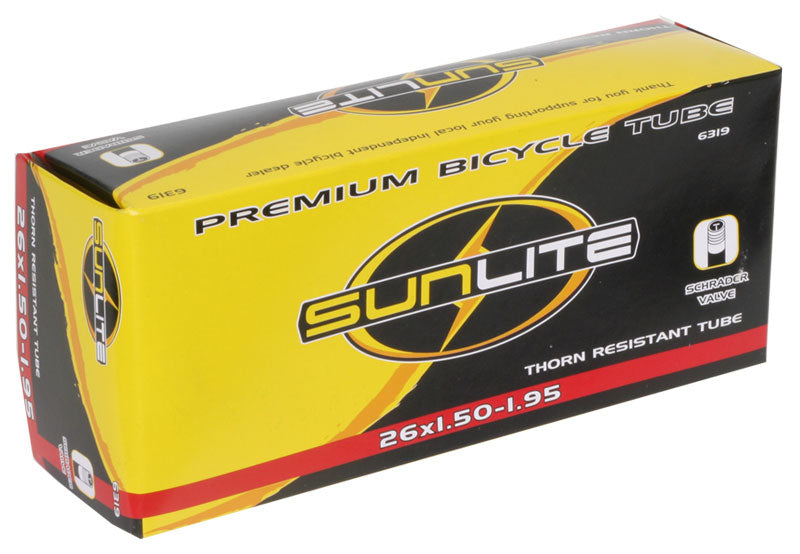 Yellow and black packaging of the 26x1.50-1.95 Heavy Duty Thorn Resistant Bicycle Inner Tube with 32 mm Straight Presta Valve from Sunlite, featuring brand text and logo.