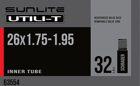 26x1.75-1.95 Heavy Duty Thorn Resistant Bicycle Inner Tube with Straight Valve by Sunlite, featuring prominent white text on a black and grey label, highlighting its enhanced durability and straight valve design.