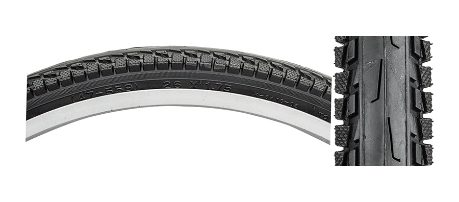 Close-up of a 26x1.75 Black City Komfort Bicycle Tire, highlighting the tread pattern and sidewall detail. Ideal for replacing old bike tires with a reliable Sunlite product from Monster Scooter Parts.