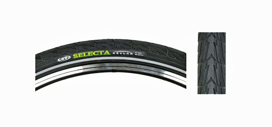 Close-up of a 26x1.75 Black Selecta CST1490 Bicycle Tire from Sunlite, showcasing its detailed tread pattern.