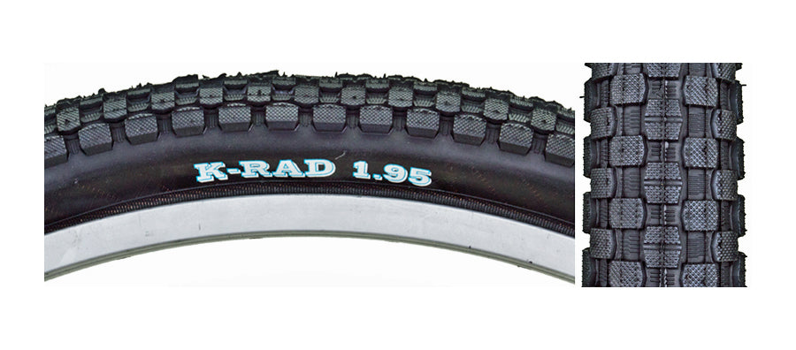 Close-up of a 26x1.95 Black K-Rad Bicycle Tire from Sunlite, showcasing its tread pattern and durable construction, ideal for replacing old bike tires.