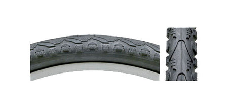 Close-up of a 26x1.95 Black Khan Bicycle Tire from Sunlite, showing detailed tread pattern and sturdy synthetic rubber construction.