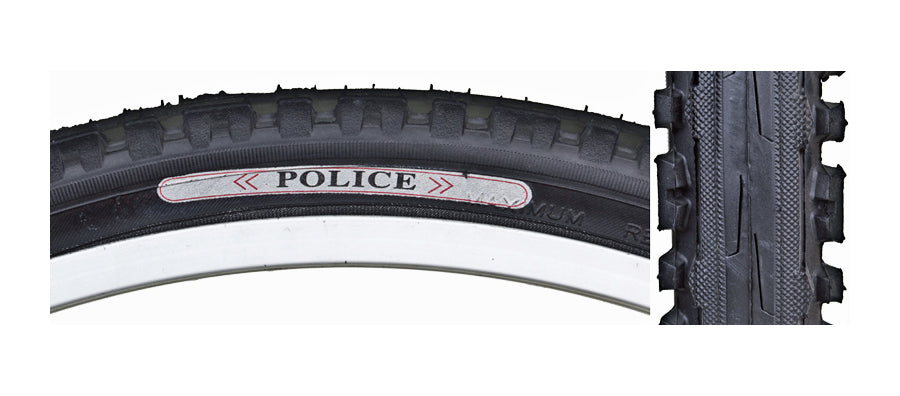 Close-up of the 26x1.95 Black Kross Plus Police Bicycle Tire by Sunlite, highlighting its detailed tread pattern and robust construction.