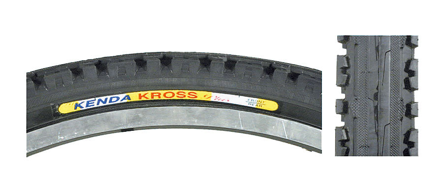 Close-up of a 26x1.95 Black Kross Plus Bicycle Tire from Sunlite, showing detailed tread pattern, ideal for replacing worn bike tires.