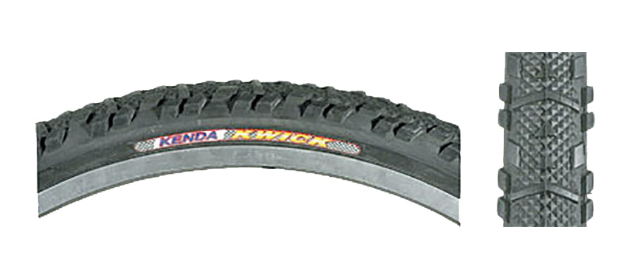 Close-up of a 26x1.95 Black Kwick Bicycle Tire from Sunlite, highlighting the detailed tread pattern, suitable as a replacement for your bike.