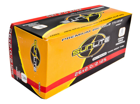 26x2.00/2.125 Bicycle Inner Tube with 32mm Presta Valve from Sunlite in original box packaging, showcasing product text and labeling.