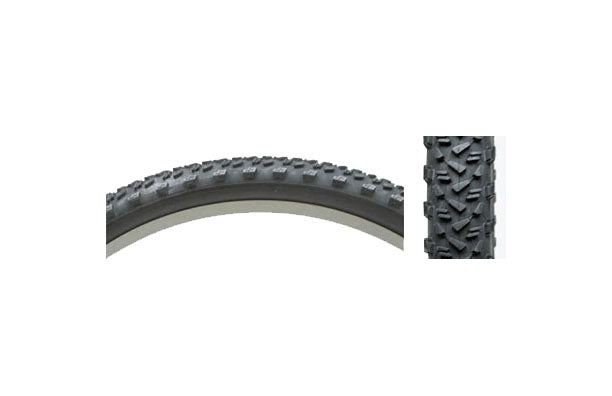 Close-up of a 26x2.1 Black Crusader CST1435 Folding Belt Bicycle Tire, highlighting tread pattern and rubber texture, showcasing its durable design for bike enthusiasts.