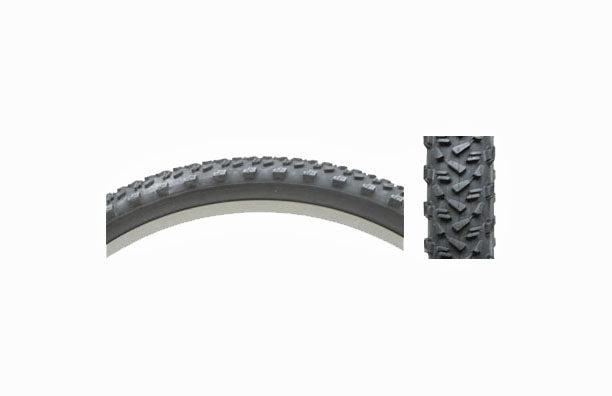 Close-up of a 26x2.1 Black Crusader CST1435 Bicycle Tire from Sunlite, showcasing the tread pattern and texture, highlighting its suitability as a popular replacement bike part.