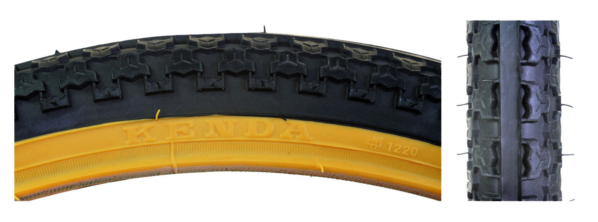 Close-up of the 26x2.125 MTB Raised Center Bicycle Tire, showcasing its detailed tread pattern, designed for enhanced grip and performance. Ideal for mountain biking, this Sunlite tire is a popular replacement part.