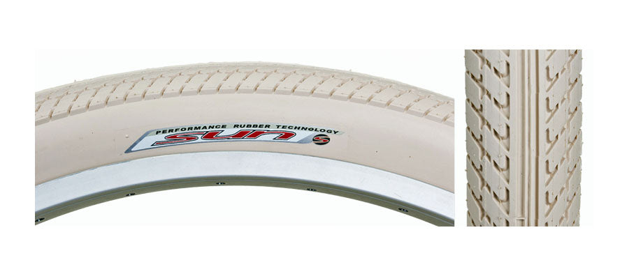 Close-up of the 26x2.25 Cruiser 912 Bicycle Tire from Sunlite, showcasing its tread pattern, designed for cruiser bikes. Ideal replacement tire for 26-inch rims.