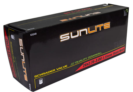 26x2.75-3.00 Heavy Duty Bicycle Inner Tube with Straight Valve from Sunlite, packaged in a black box with yellow text. Ideal for replacing old bike inner tubes.